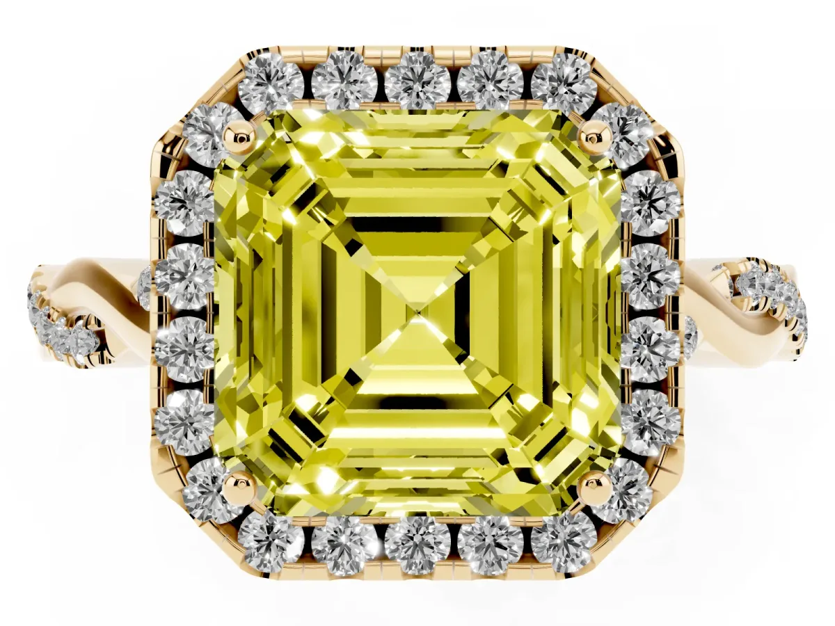 Fancy Yellow Asscher Cut Halo Twist Band Solitaire Ring Yellow gold