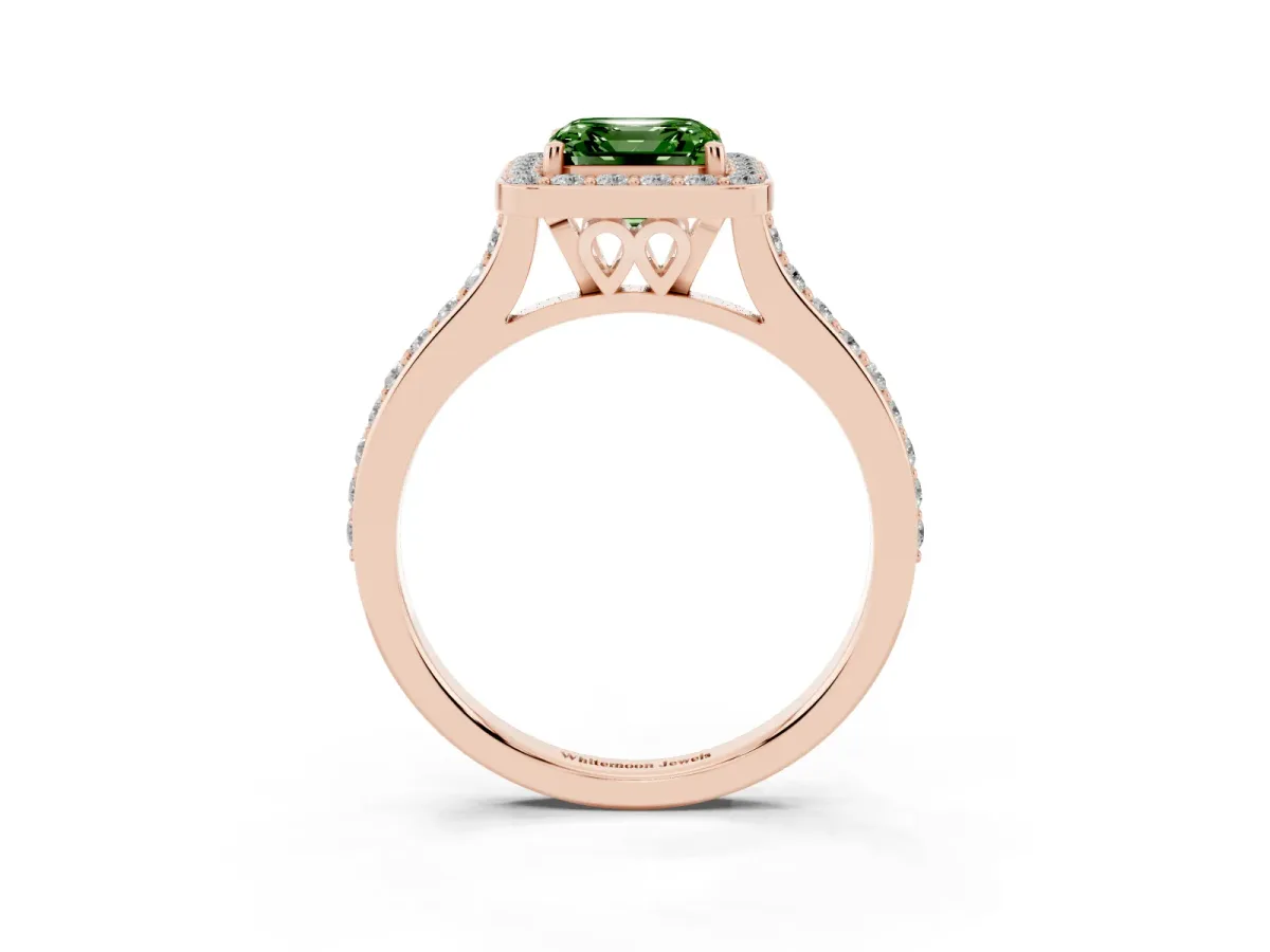 Fancy Green Asscher Cut Diamond Halo Engagement Ring with Round Pavé Shoulders and Prong Setting Rose gold