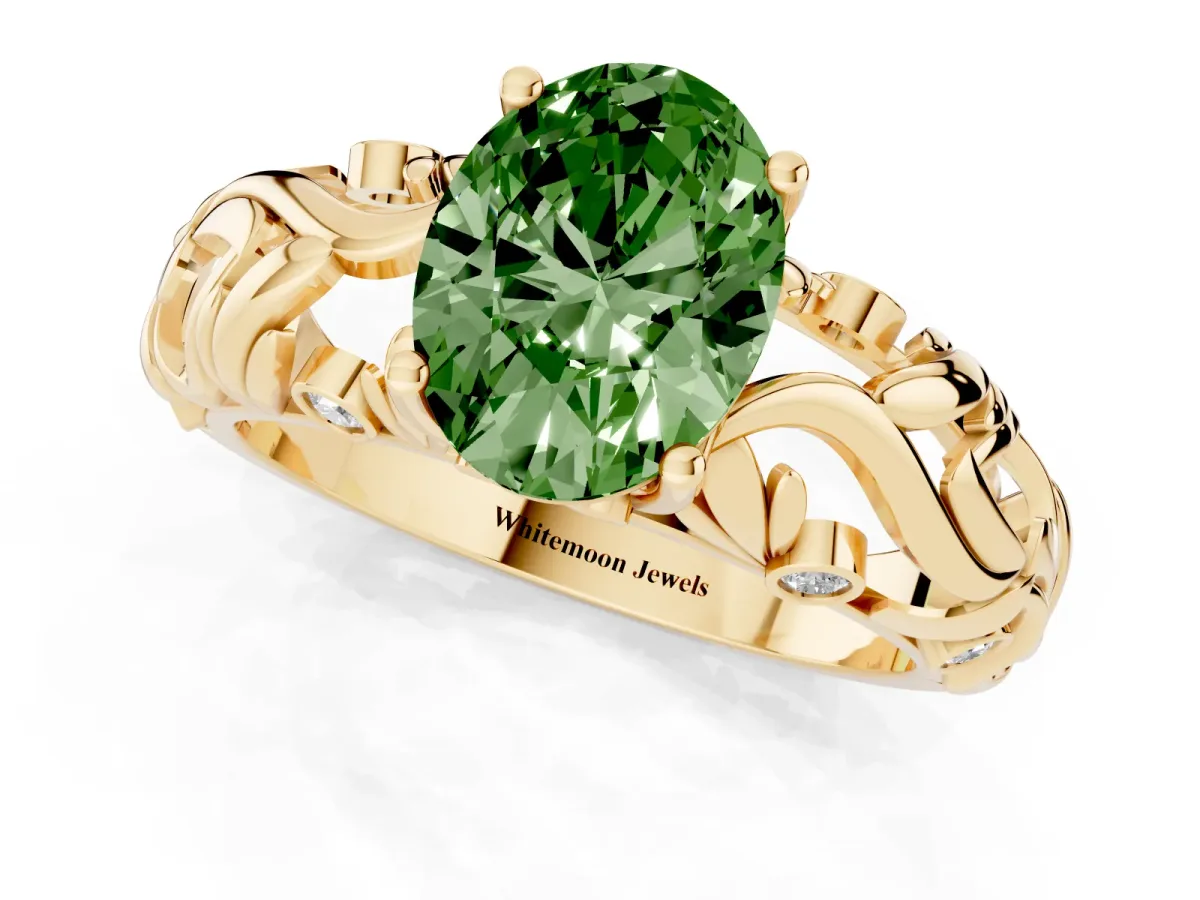 Fancy Green Oval Cut Solitaire Diamond Leaf-Inspired Vine Band Ring with Prong Setting Yellow gold