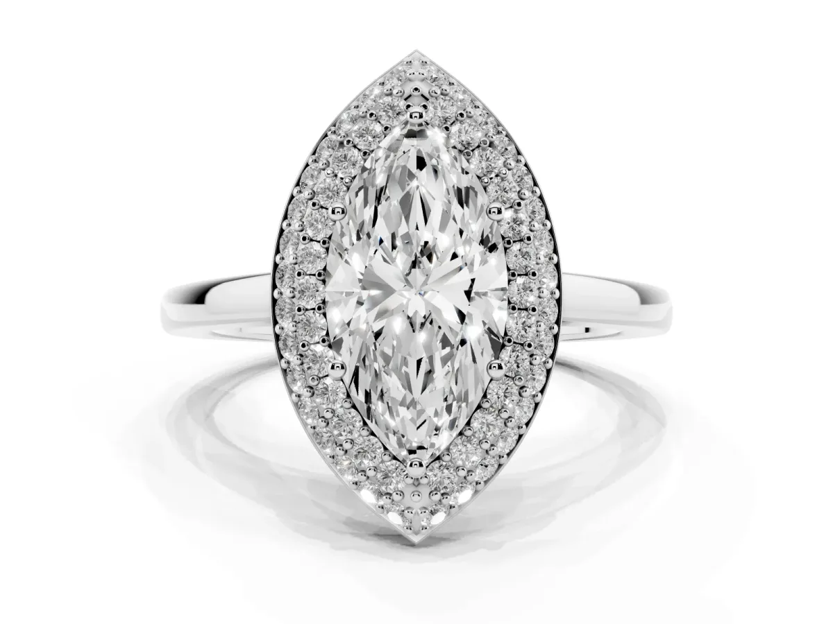 Marquise Cut Halo Diamond Engagement Ring with Solitaire Band and Four-Prong Setting Platinum