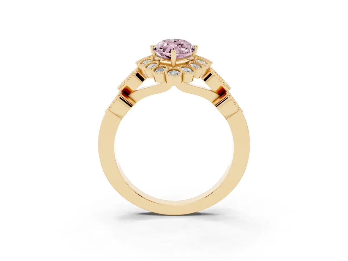 Fancy Pink Marquise Cut Brilliant Milgrain Pave Heart Band Solitaire Ring Yellow gold