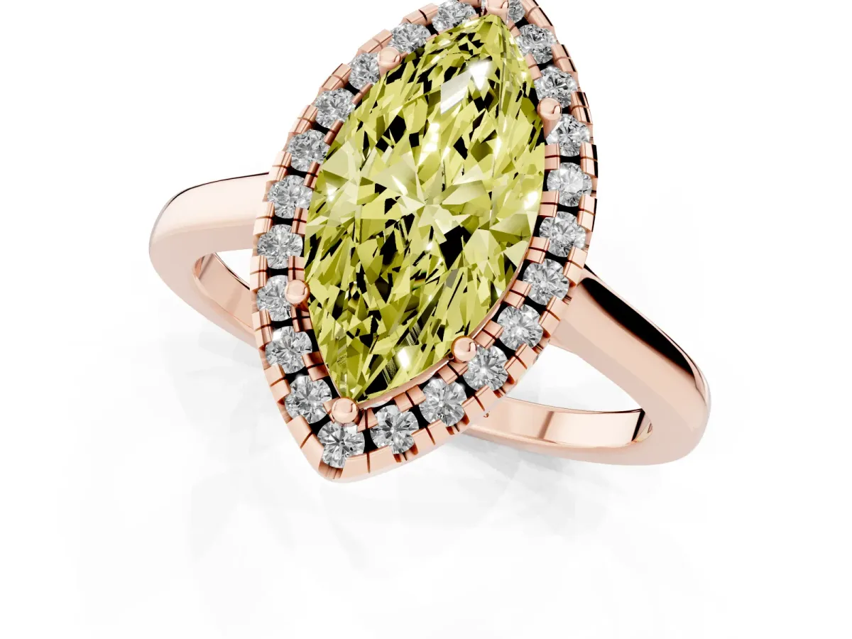 Fancy Yellow Marquise Cut Halo Round Diamond Solitaire Ring with Pavé Band and Four-Prong Setting Rose gold