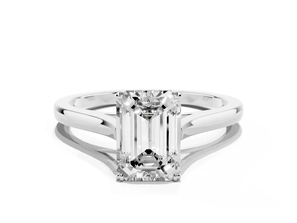 Emerald Cut Solitaire Heart Prong Engagement Ring with Tapered Band White gold