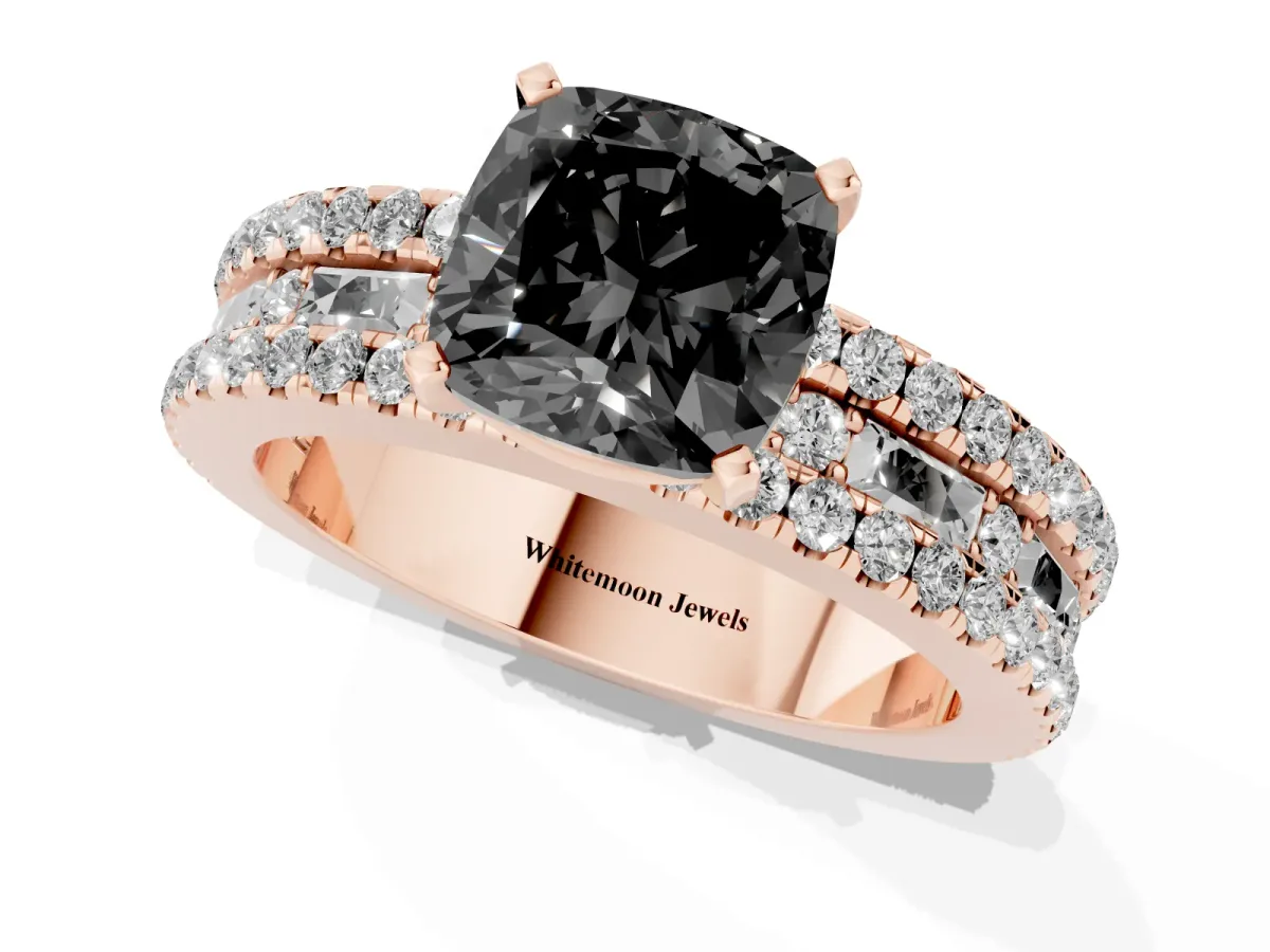 Fancy Black Cushion Cut Diamond Solitaire Ring with Pavé and Channel Set Band Rose gold