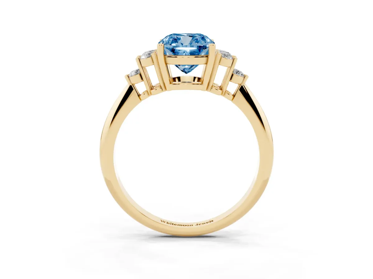 Fancy Blue Cushion Cut Cut Diamond Cluster Ring with Solitaire Band and Four-Prong Setting Yellow gold