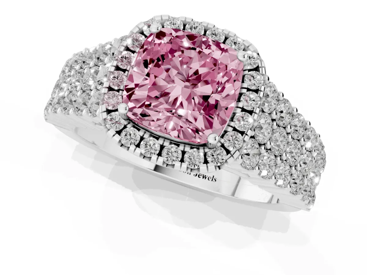Fancy Pink Cushion Cut Diamond Halo Engagement Ring with Triple Row Round Pavé Band and Prong Setting Platinum