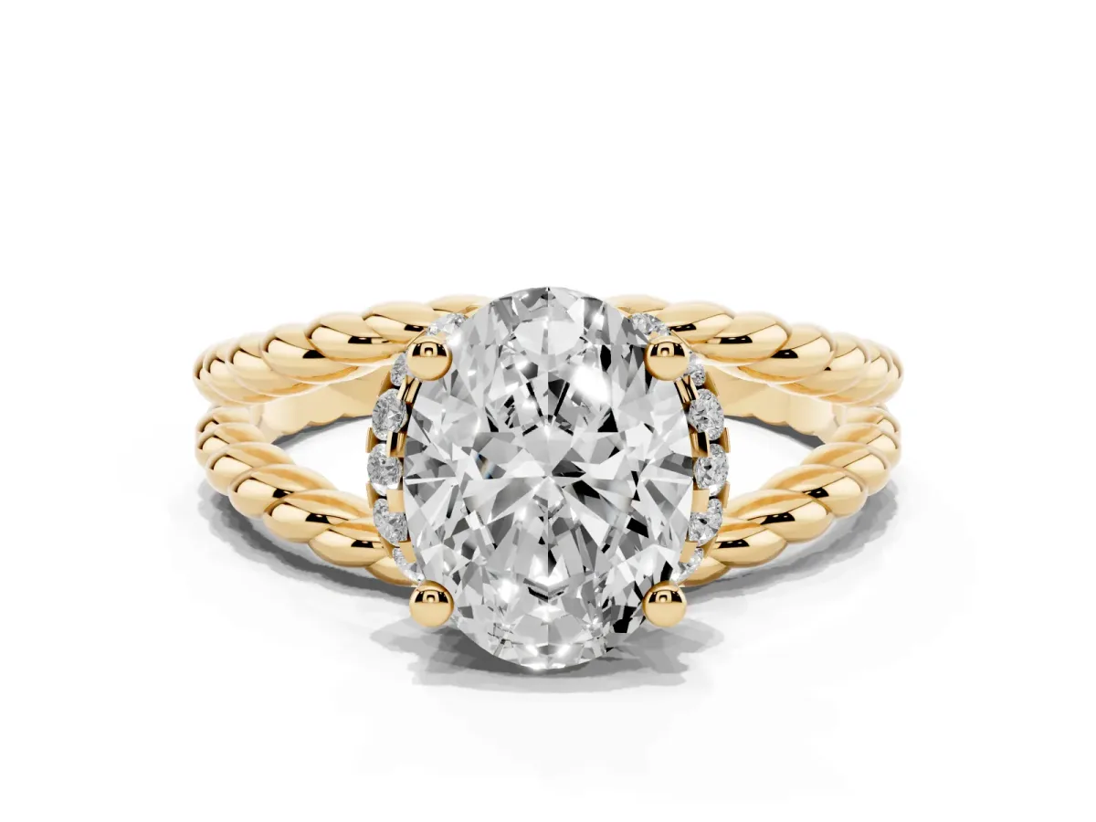 Oval Cut Halo Twisted Band Four-Prong Ring Yellow gold