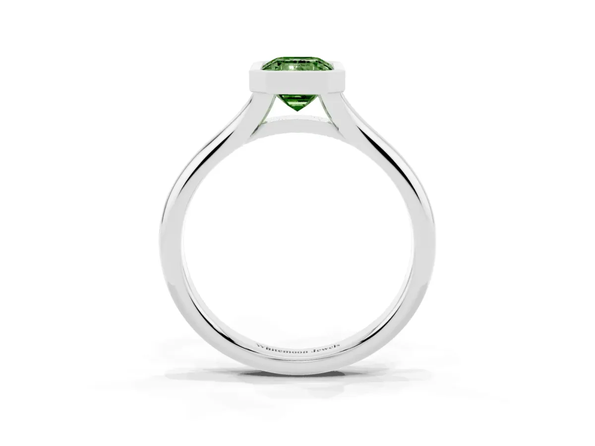 Fancy Green Bezel Set Emerald Cut Solitaire Diamond Ring with Smooth Band Silver