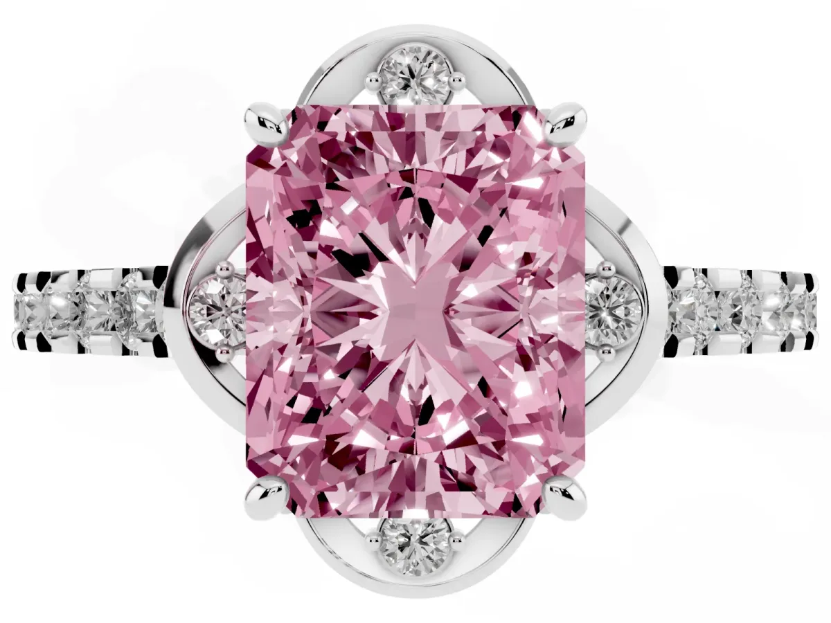 Fancy Pink Radiant Cut Diamond Ring with Pavé Band and Floral Prong Setting Platinum