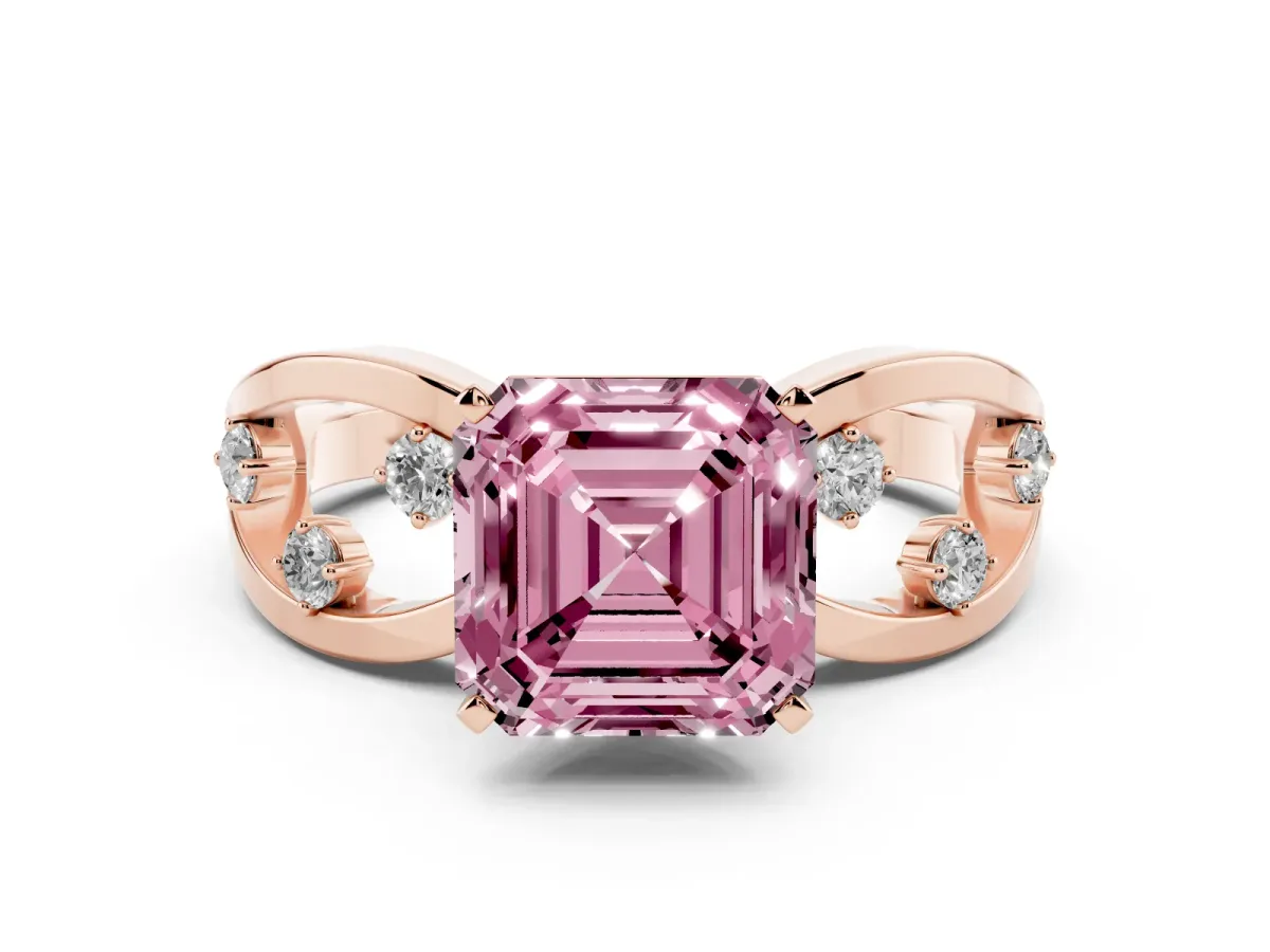 Fancy Pink Asscher Cut Cut Solitaire Diamond with Side Stones on Criss-Cross Band and Four-Prong Setting Rose gold