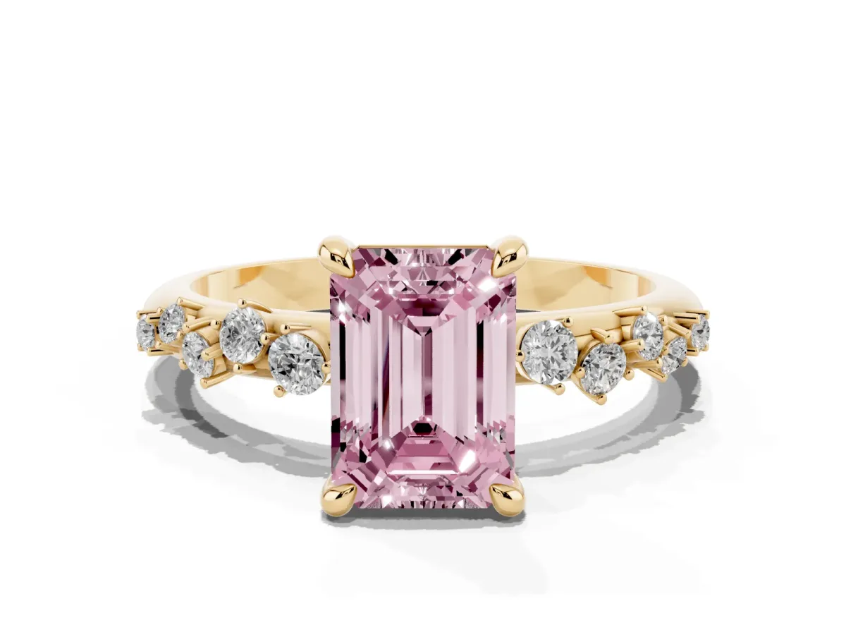 Fancy Pink Emerald Cut Cut Diamond Vine Band with Four-Prong Setting Yellow gold