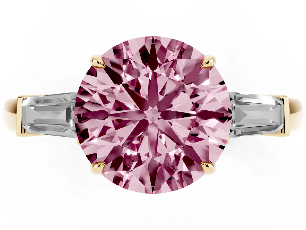 Fancy Pink Round Cut Diamond Three-Stone Ring with Tapered Baguette Side Stones and Prong Setting Yellow gold