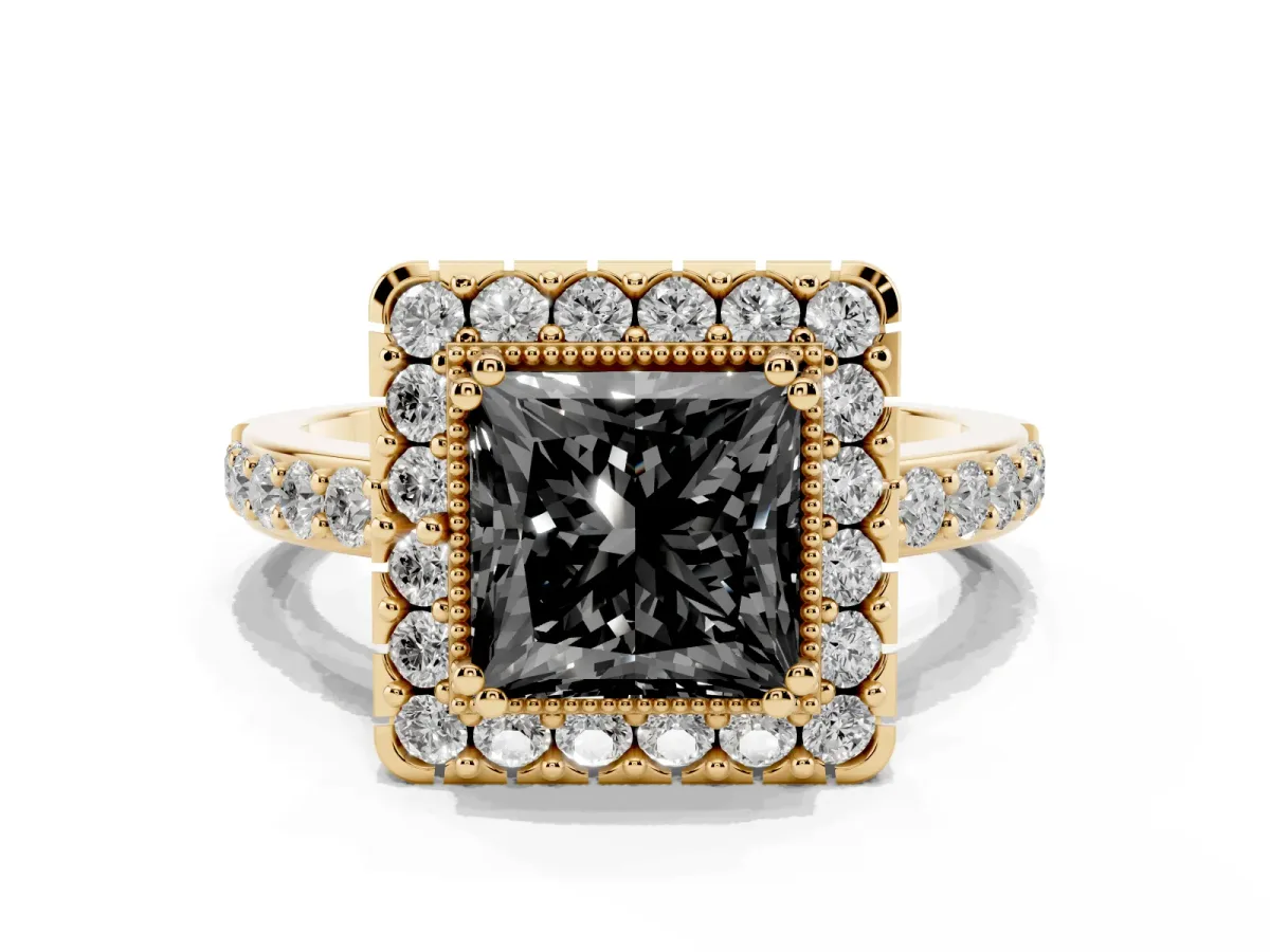 Fancy Black Princess Cut Diamond Halo Ring with Pavé Band and Prong Setting Yellow gold