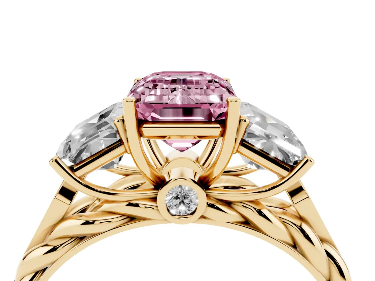 Fancy Pink Three-Stone Emerald Cut Diamond Braided Band Ring with Four-Prong Setting Yellow gold