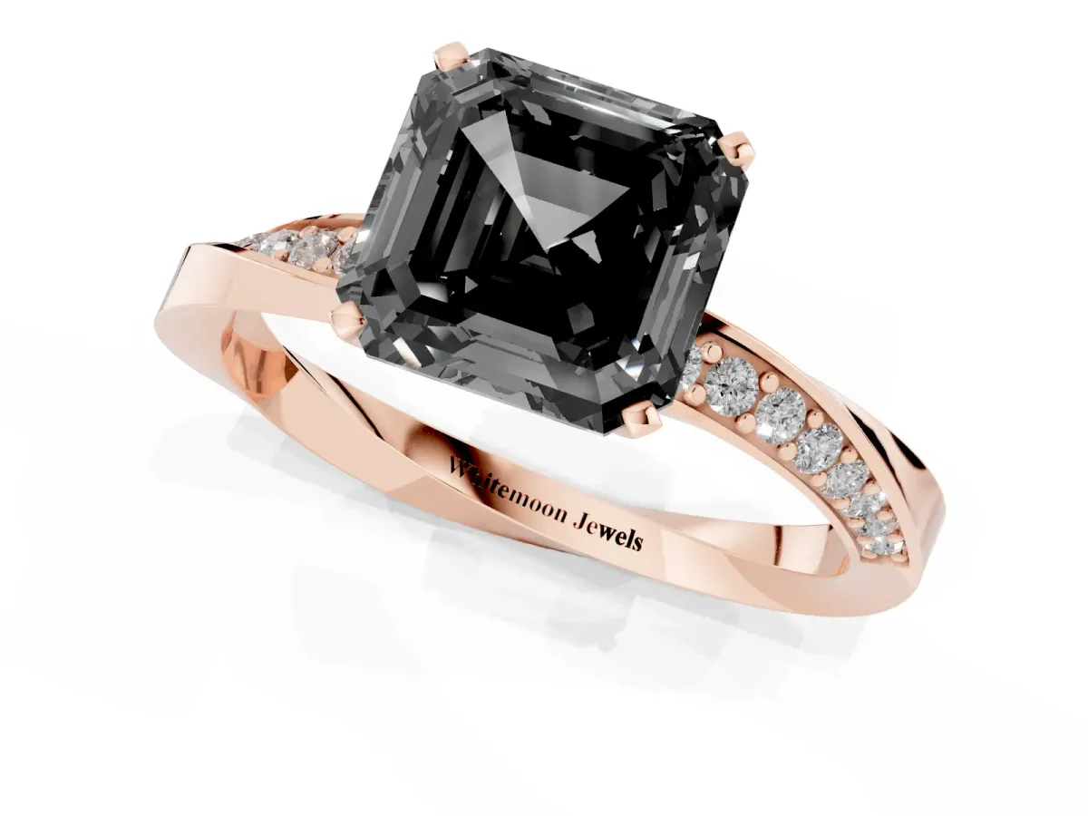 Fancy Black Asscher Cut Diamond Engagement Ring with Side Stone Accents and Four-Prong Setting Rose gold
