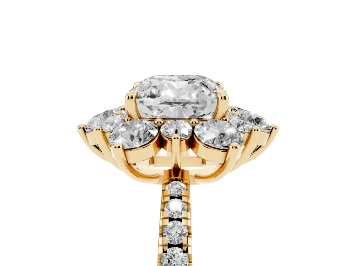 Cushion Cut Diamond Floral Halo Ring with Round Pavé Band and Prong Setting Yellow gold