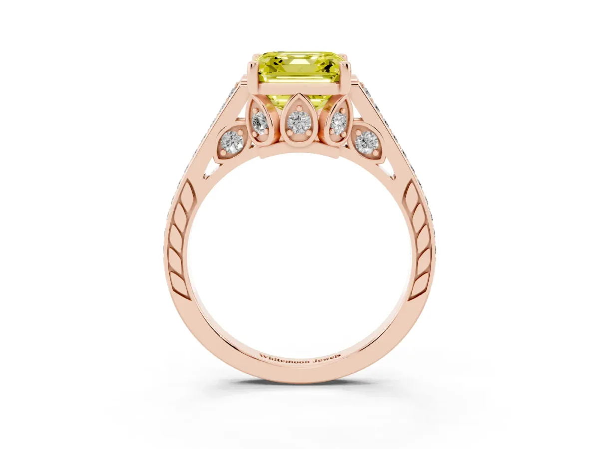 Fancy Yellow Asscher Cut Cut Cathedral Pave Diamond Engagement Ring with Six-Prong Setting Rose gold