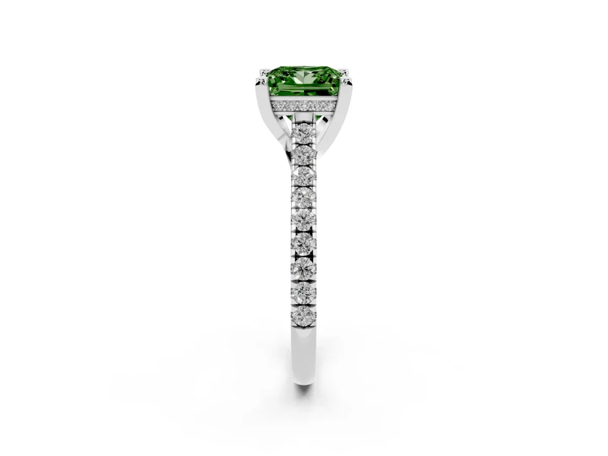 Fancy Green Princess Cut Brilliant Diamond Solitaire with Pavé Band and Four-Prong Setting Silver