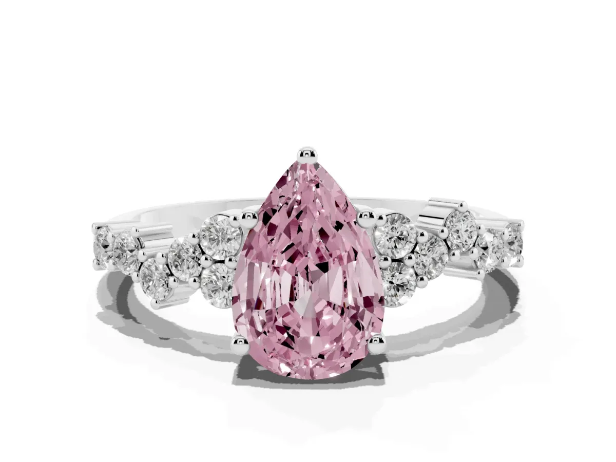 Fancy Pink Pear Cut Diamond Scattered Round Accent Ring with Prong Setting Silver