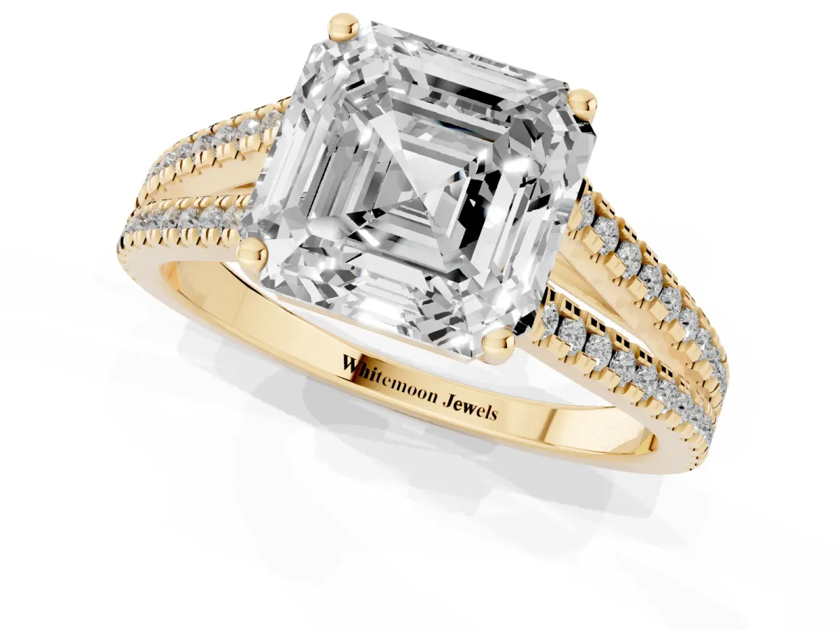 Asscher Cut Diamond Solitaire Engagement Ring with Split Shank Pavé Band Yellow gold