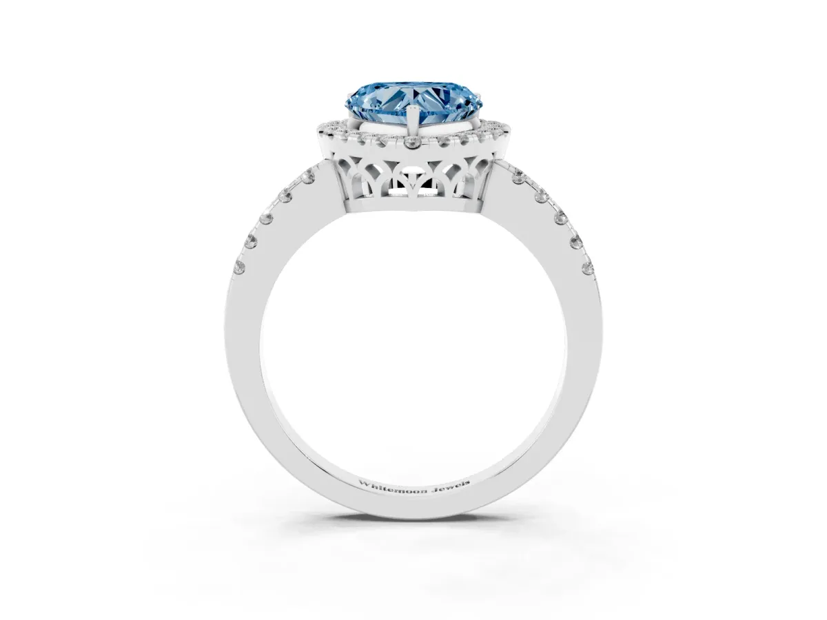 Fancy Blue Heart Cut Halo Diamond Engagement Ring with Pavé Band and Four-Prong Setting Platinum