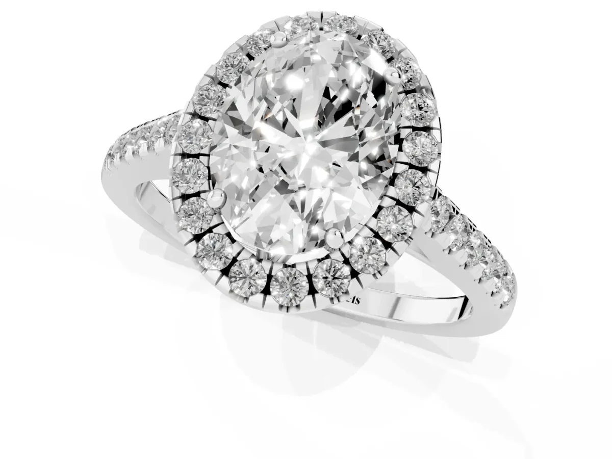 Oval Cut Halo Pavé Diamond Engagement Ring with Four-Prong Setting Platinum