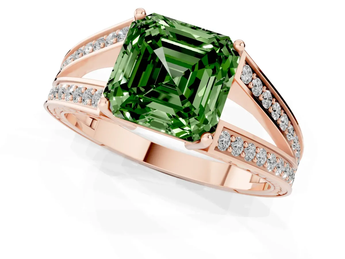 Fancy Green Asscher Cut Diamond Split Shank Ring with Pavé Band and Four-Prong Setting Rose gold