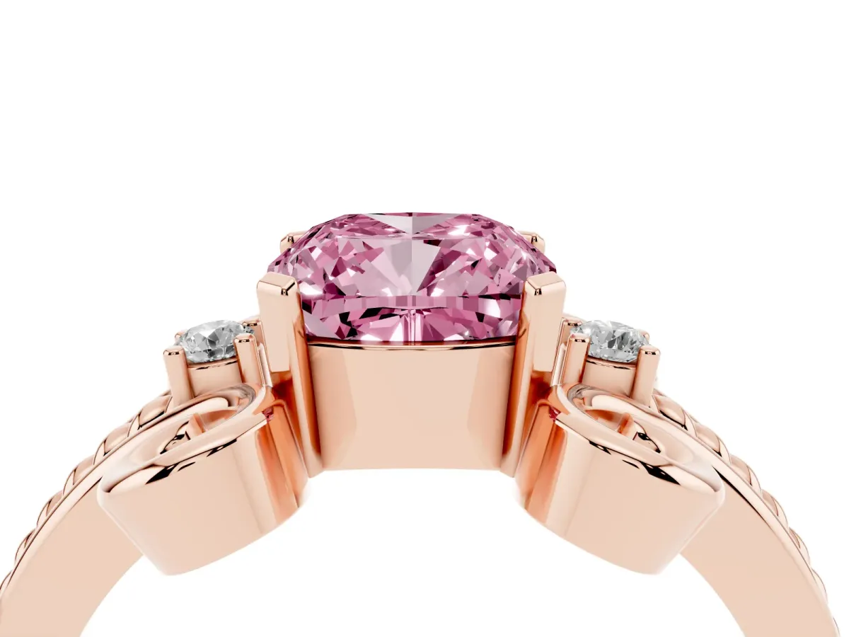 Fancy Pink Cushion Cut Solitaire Twisted Band Scroll Prong Ring Rose gold