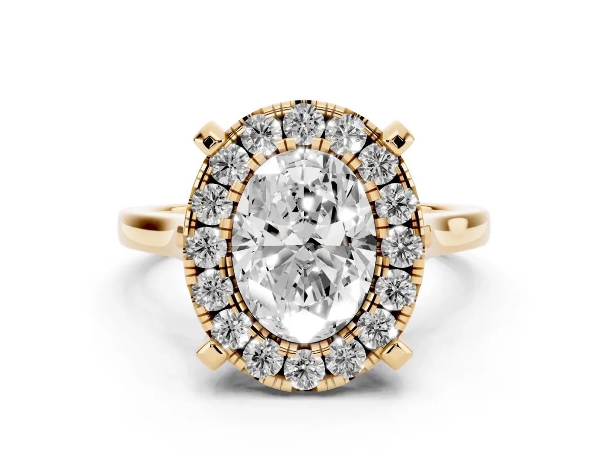 Oval Cut Diamond Cluster Halo Solitaire with Four-Prong Setting Yellow gold