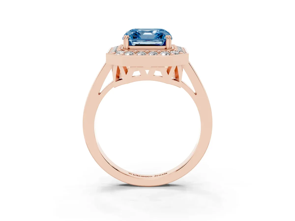 Fancy Blue Asscher Cut Diamond Halo Ring with Split Shank and Four-Prong Setting Rose gold