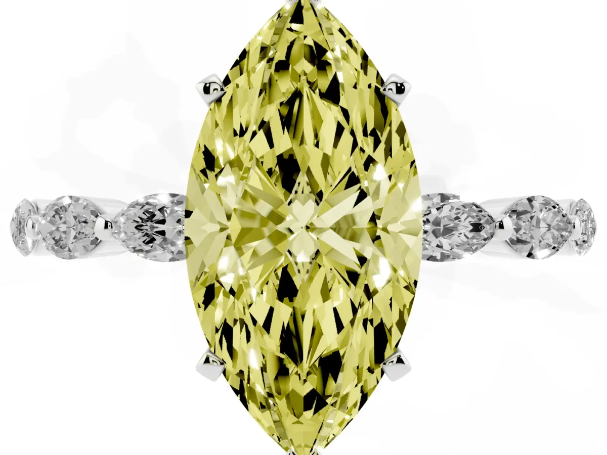 Fancy Yellow Marquise Cut Diamond Ring with Marquise Side Stones and Prong Setting Platinum