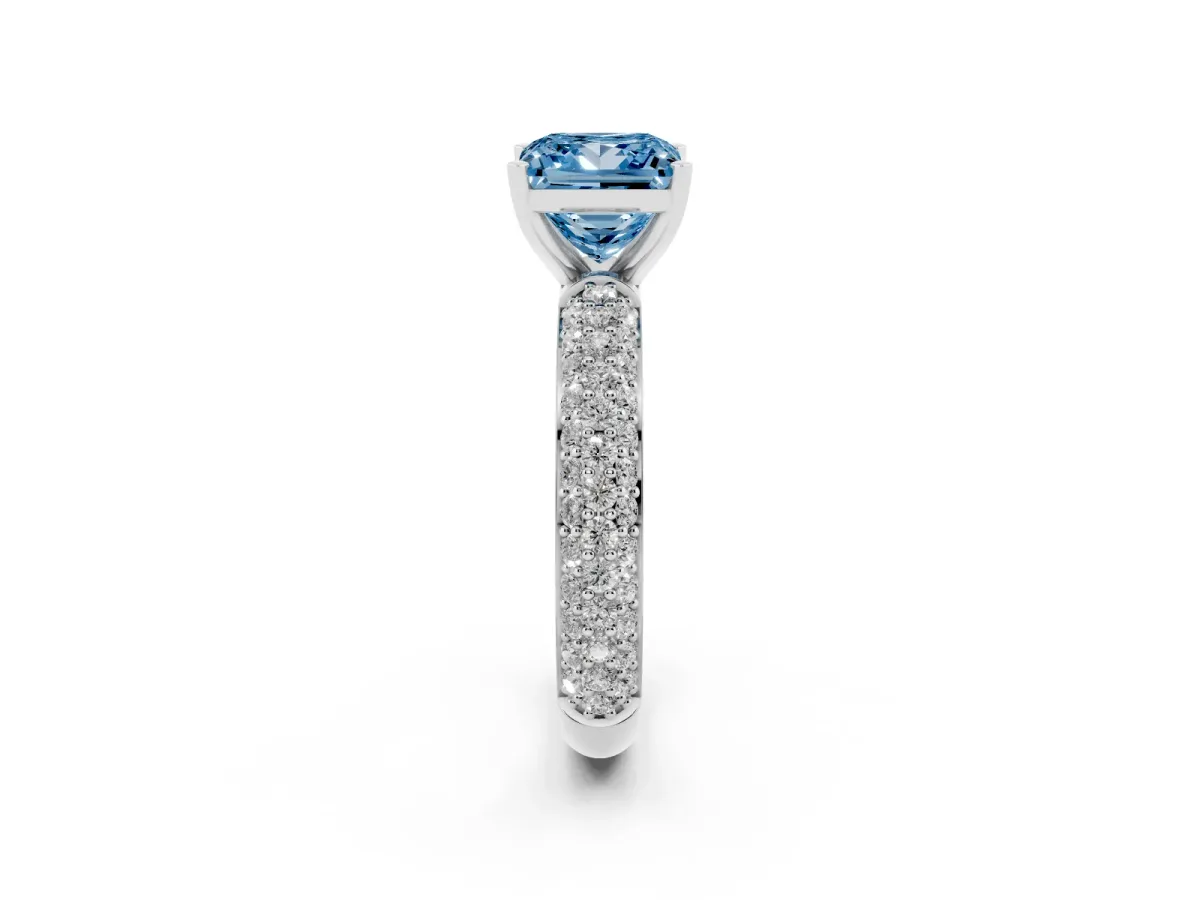 Fancy Blue Princess Cut Diamond Solitaire Ring with Prong Setting and Pavé Band Silver