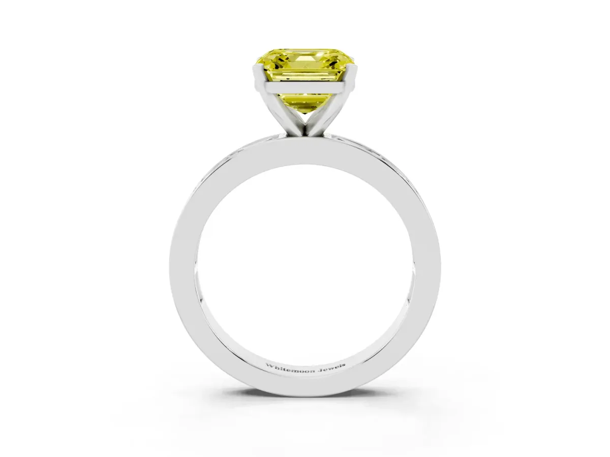 Fancy Yellow Asscher Cut Solitaire Diamond Ring with Channel-Set Baguette Band and Four-Prong Setting Silver