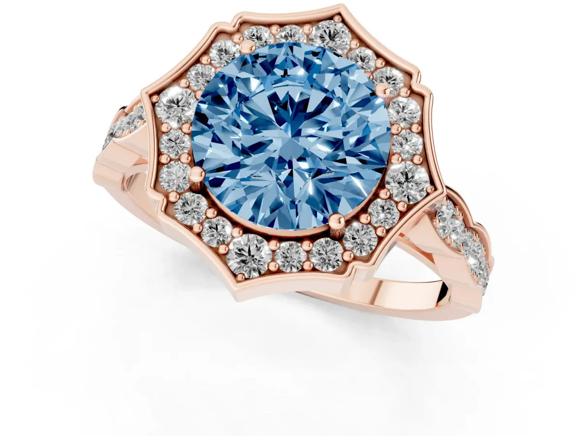 Fancy Blue Round Cut Halo Diamond Engagement Ring with Milgrain Band and Four-Prong Setting Rose gold