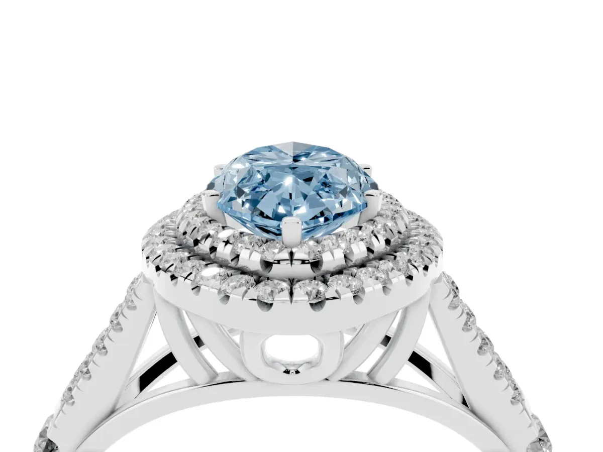 Fancy Blue Double Halo Marquise Cut Diamond Split Shank Engagement Ring with Four-Prong Setting Silver