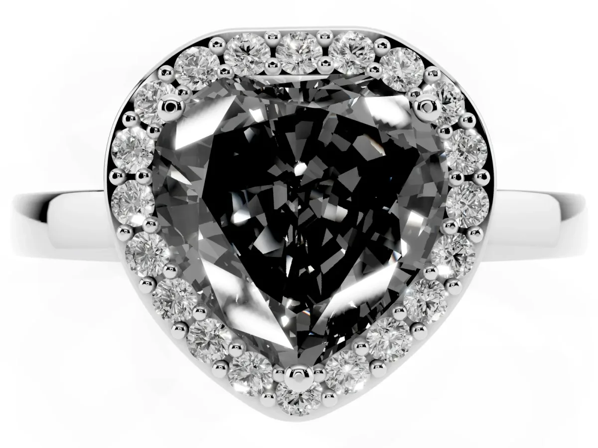 Fancy Black Heart Cut Halo Diamond Ring with Solitaire Band and Prong Setting White gold