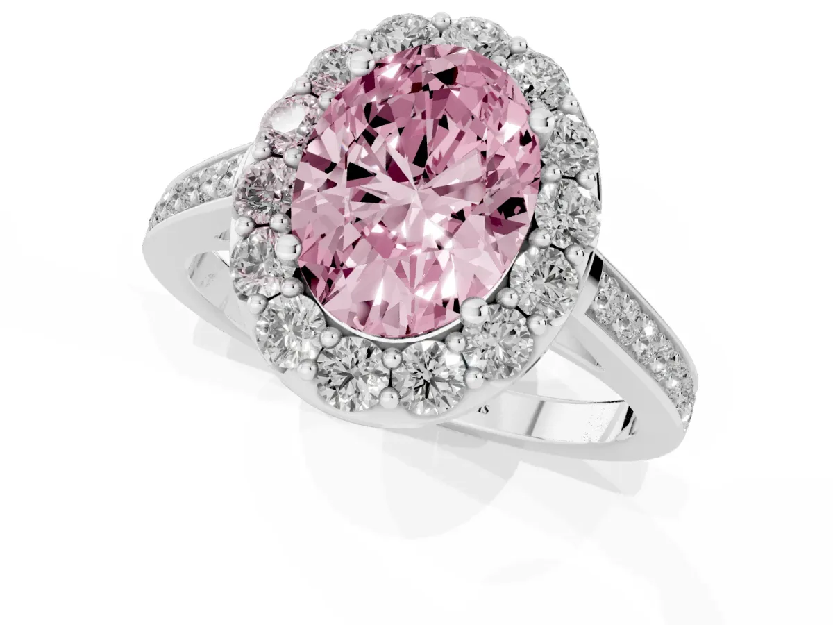 Fancy Pink Oval Cut Diamond Floral Halo Ring with Pavé Band and Prong Setting Platinum