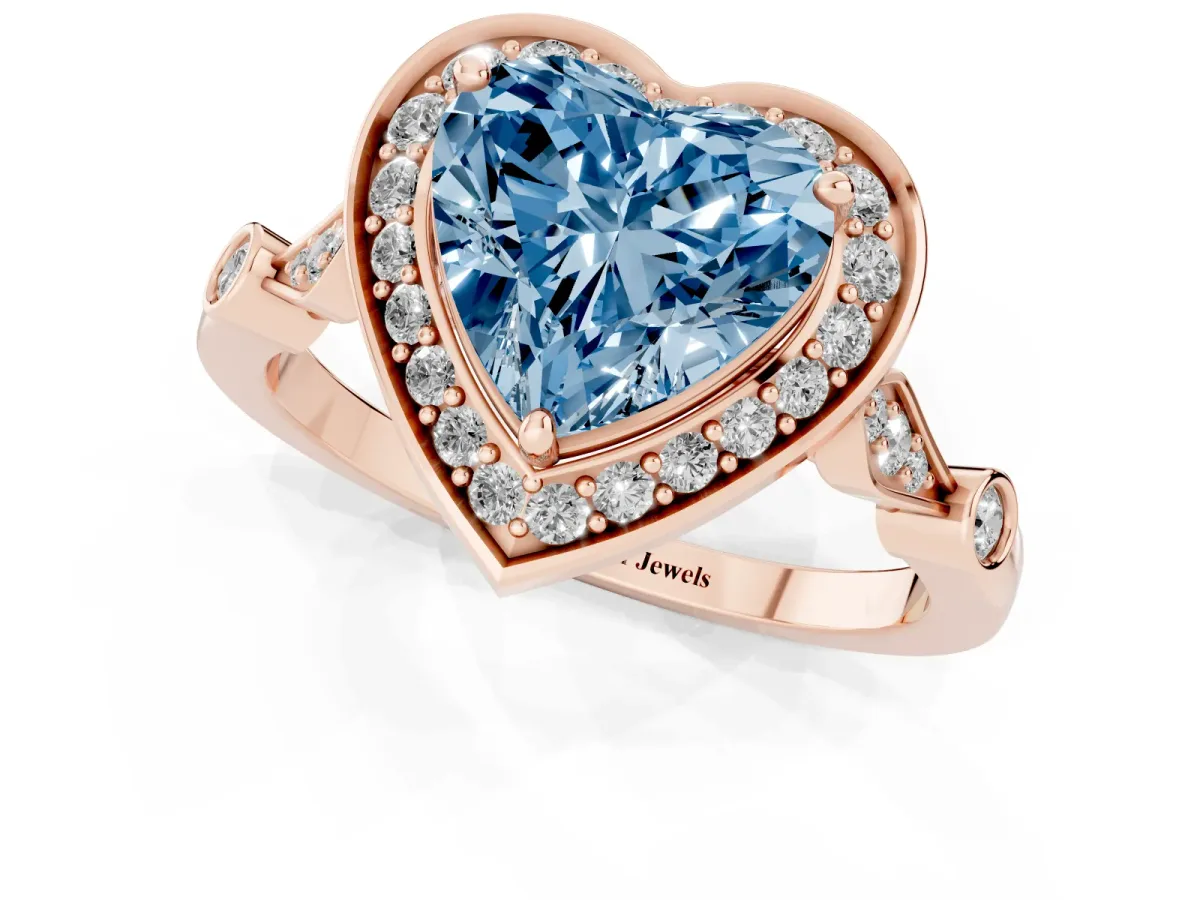 Fancy Blue Heart Cut Halo Diamond Engagement Ring with Twisted Band and Four-Prong Setting Rose gold