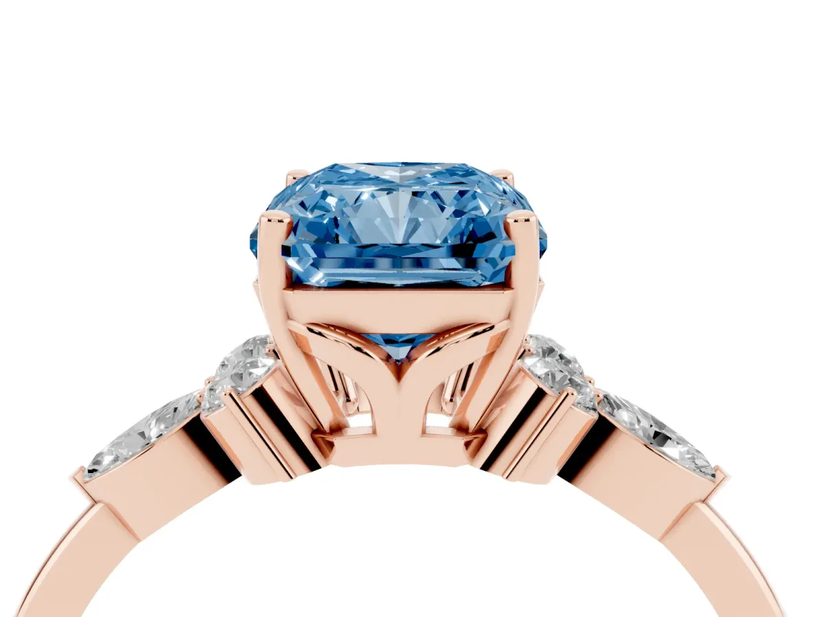 Fancy Blue Radiant Cut Brilliant Diamond Solitaire Ring with Pear Side Stones and Four-Prong Setting Rose gold