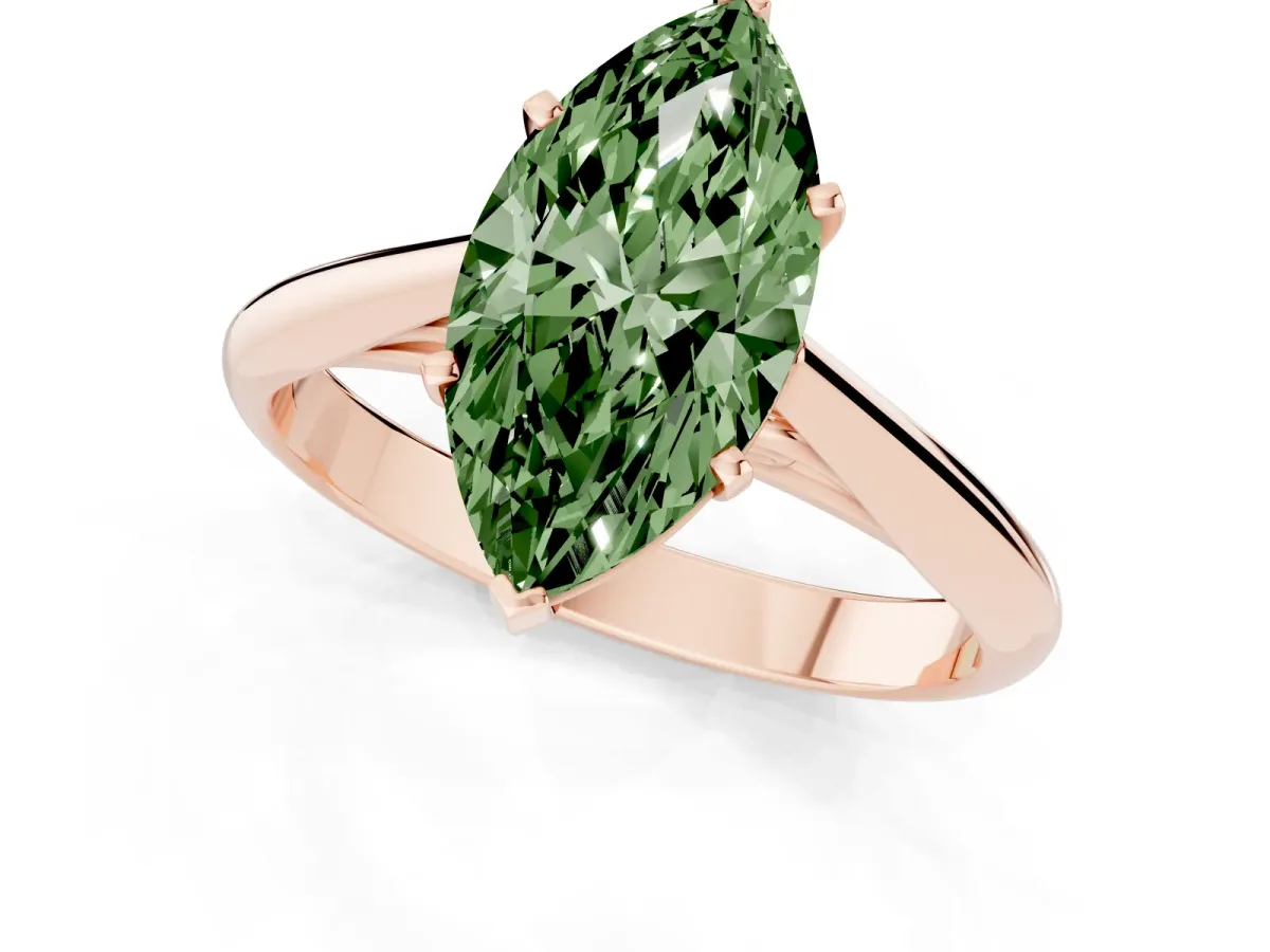 Fancy Green Marquise Cut Diamond Solitaire Engagement Ring with Cathedral Setting and Four-Prong Mount Rose gold