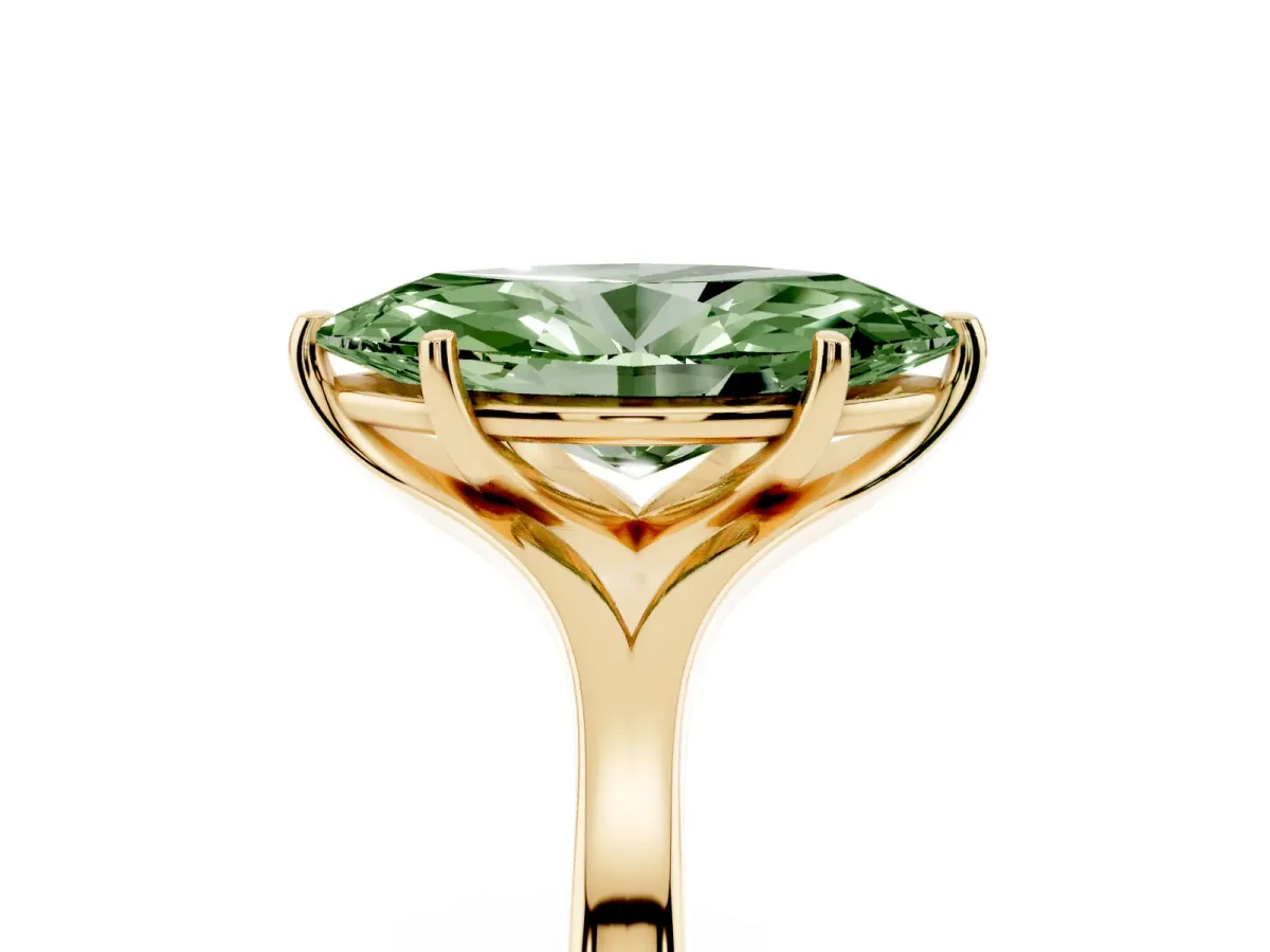 Fancy Green Marquise Cut Solitaire Diamond Ring with Six-Prong Setting and Tapered Band Yellow gold