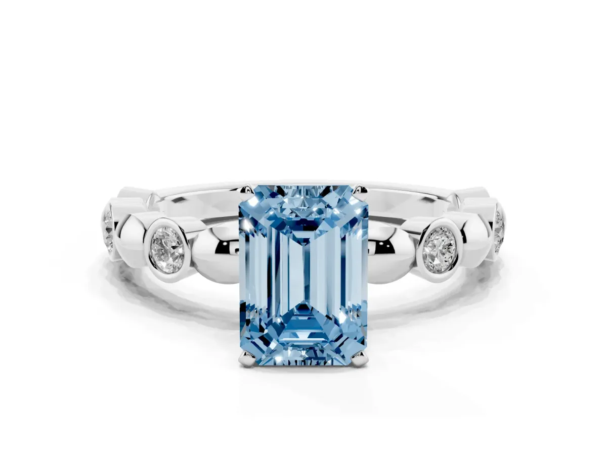 Fancy Blue Emerald Cut Solitaire Bezel-Set Diamond Ring with Beaded Band and Four-Prong Setting Silver