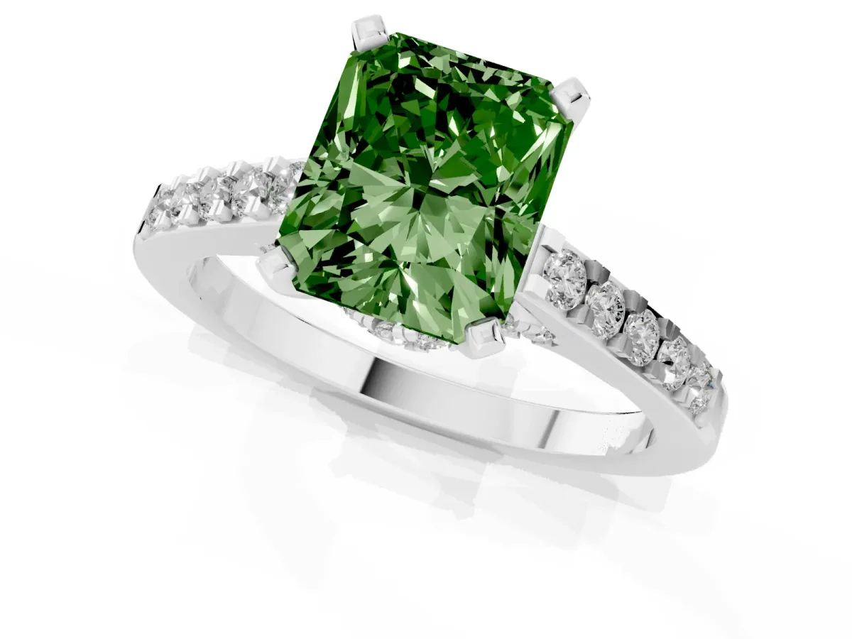 Fancy Green Radiant Cut Diamond Solitaire Ring with Crossover Gallery and Round Pavé Band White gold