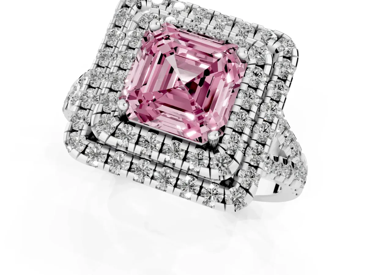 Fancy Pink Double Halo Asscher Cut Diamond Pavé Split Shank Ring with Prong Setting Silver