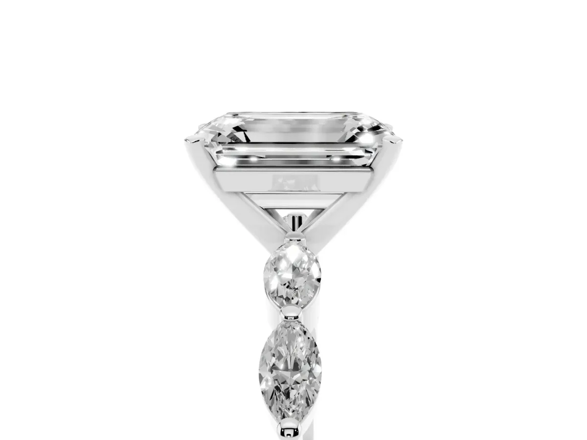 Emerald Cut Diamond Ring with Marquise Side Stones and Prong Setting Platinum
