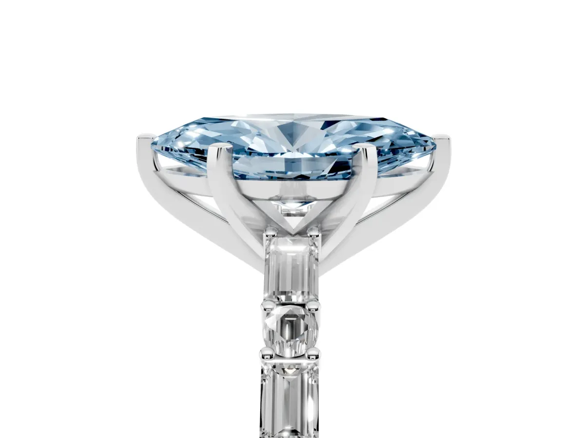 Fancy Blue Marquise Cut Diamond Solitaire with Side Baguettes and Channel Set Band Silver