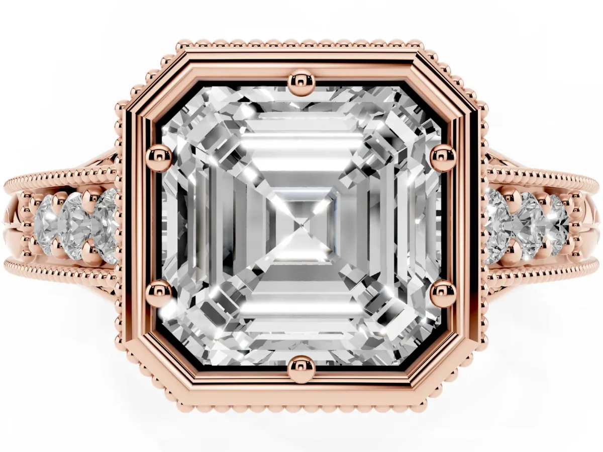 Bezel Set Asscher Cut Diamond Milgrain Pave Engagement Ring Rose gold