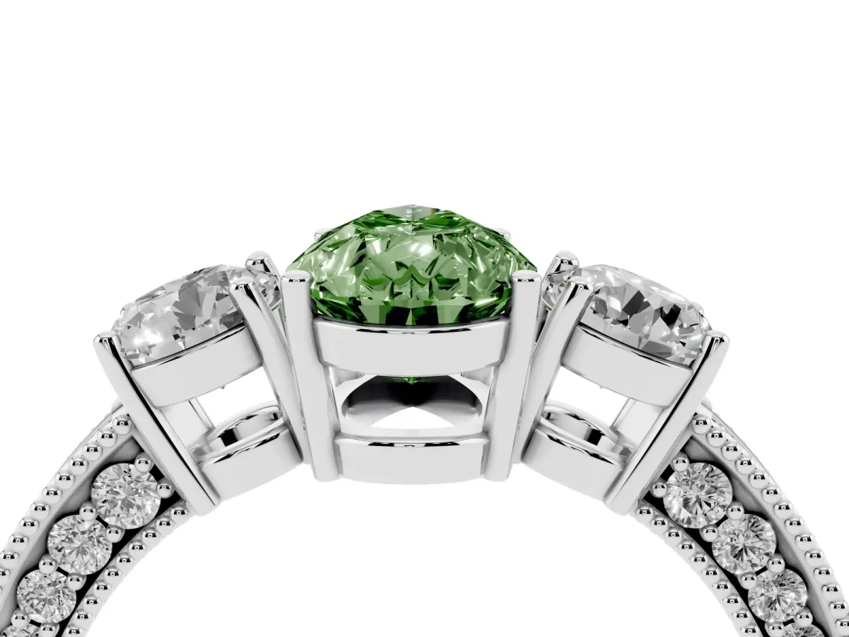 Fancy Green Pear Cut Three-Stone Diamond Ring with Pavé Band and Four-Prong Setting Silver