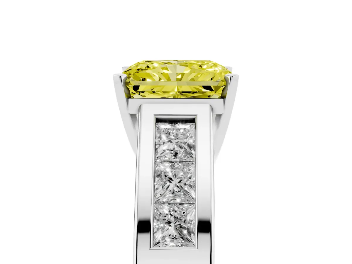 Fancy Yellow Radiant Cut Cut Channel Set Solitaire Ring with Four-Prong Setting White gold