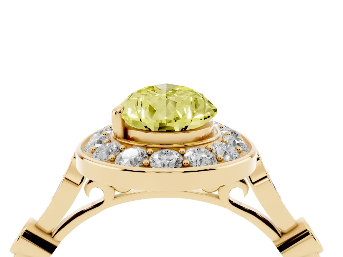 Fancy Yellow Pear Cut Halo Diamond Engagement Ring with Twisted Band and Four-Prong Setting Yellow gold